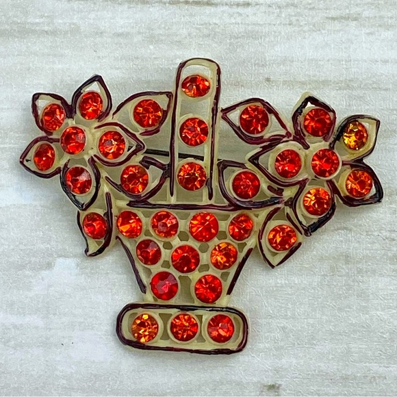 VINTAGE Celluloid Orange Rhinestone Enameled Flower Brooch Bouquet Pin - Picture 1 of 5